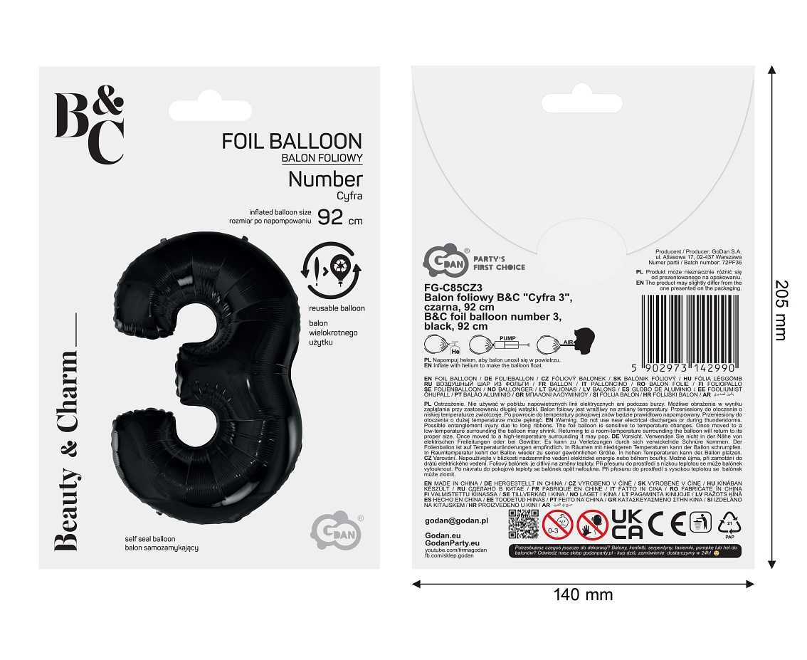Balon foliowy B&C Cyfra 3 czarna, 92 cm AA